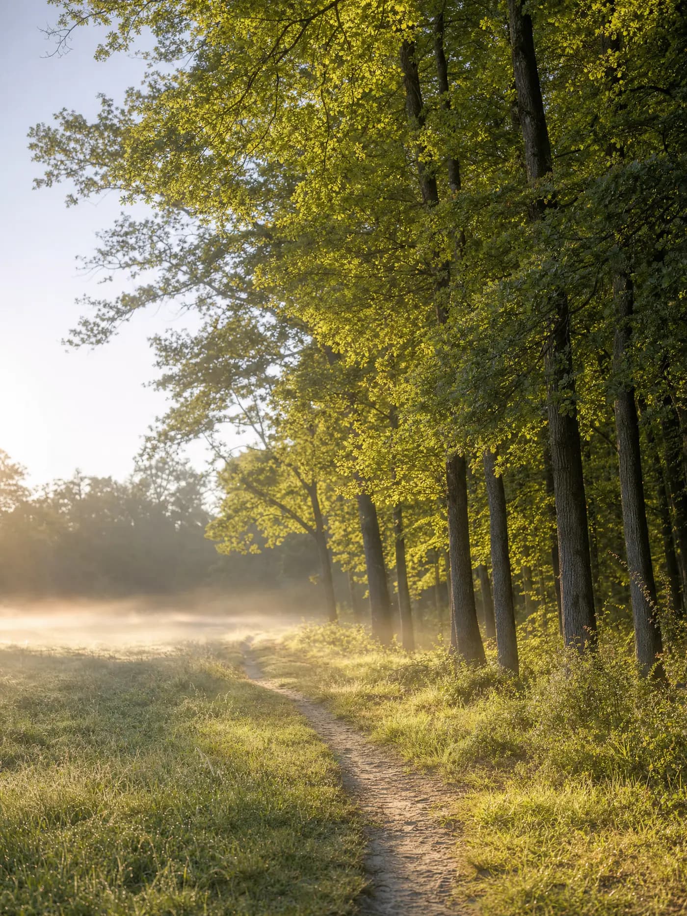 Waldrand im Morgenlicht: eine Baumreihe im Gegenlicht, davor eine offene Wiese mit Bodennebel und ein schmaler Sandpfad.