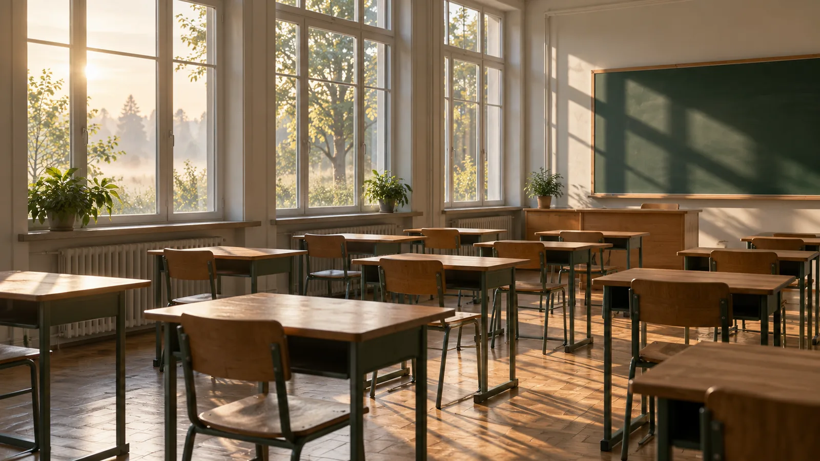 Leerer Prüfungsraum mit Einzeltischen und hohen Fenstern im Morgenlicht