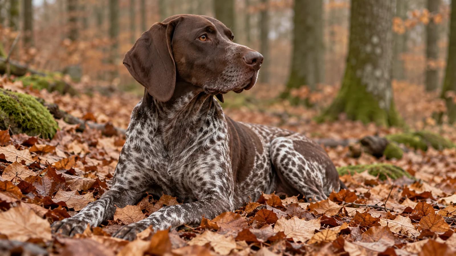 Deutsch Kurzhaar liegt ruhig im Herbstlaub eines Buchenwalds
