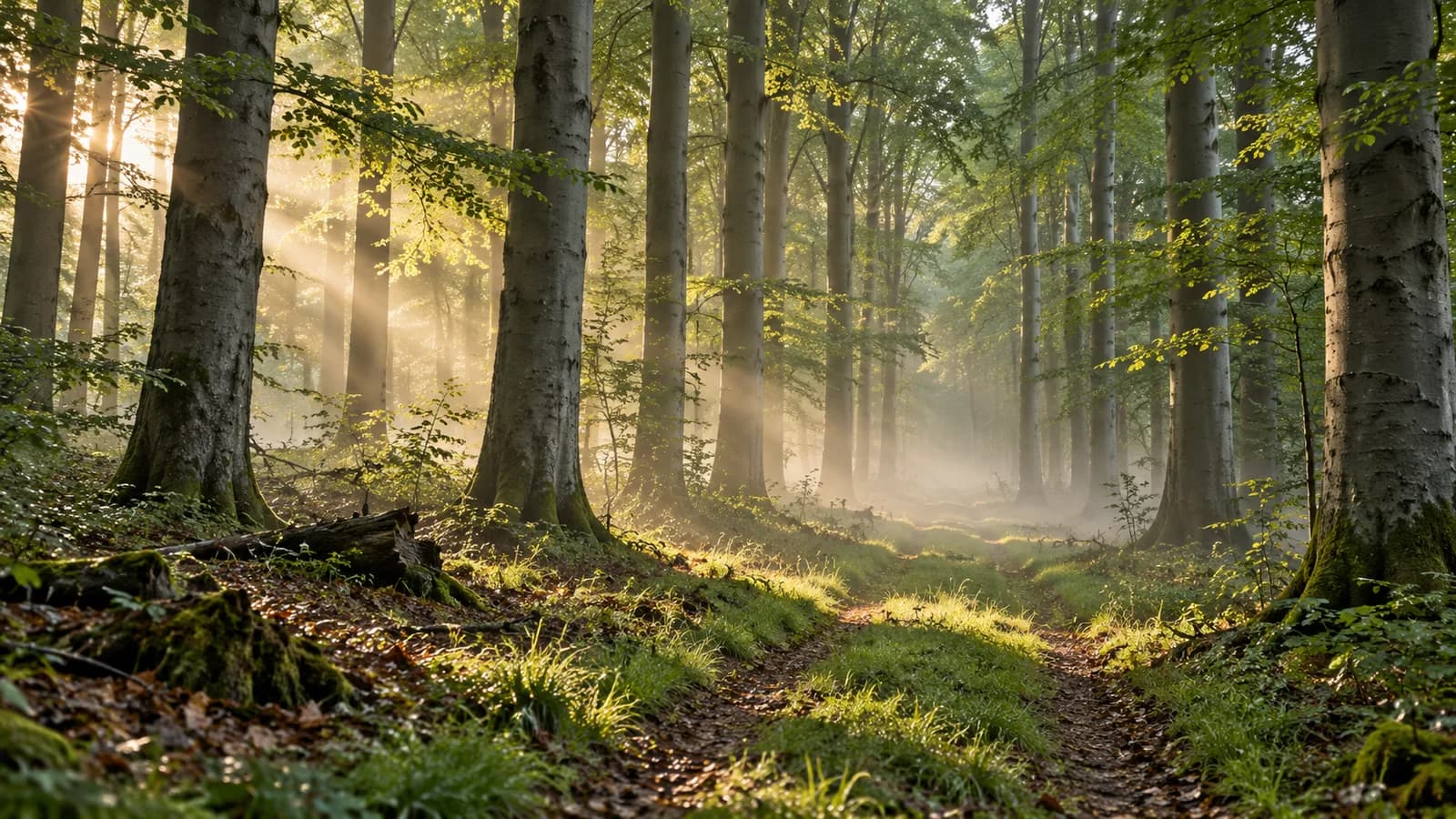 Waldweg am Morgen, der zwischen Buchen in ein Revier führt