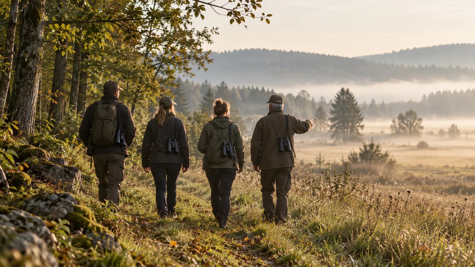 Holztisch im Freien am Waldrand mit Ferngläsern, Notizbuch und Bestimmungsbuch