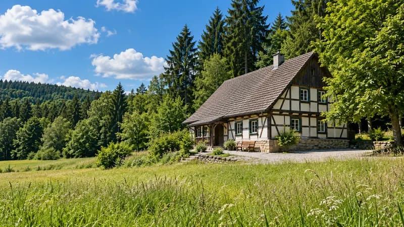 Fachwerkhaus einer ländlichen Schulungsstätte am Waldrand an einem Sommermittag