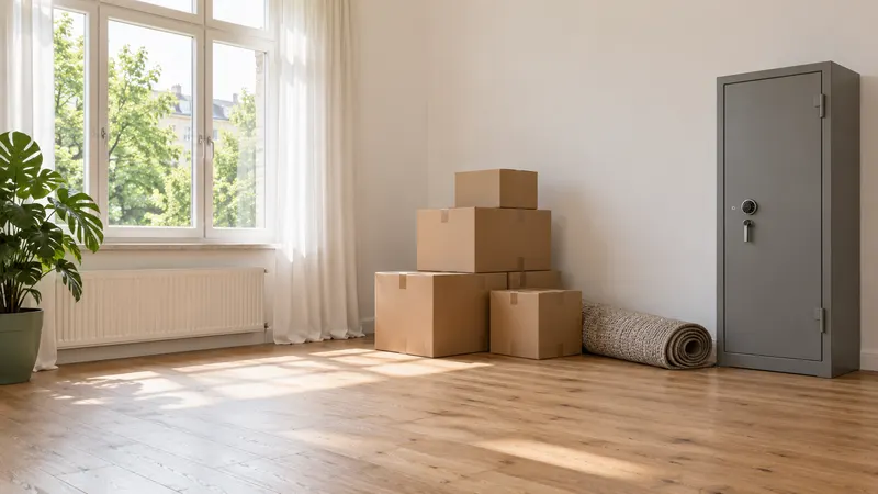 Fast leeres, helles Zimmer beim Umzug mit Umzugskartons und einem grauen Stahlschrank