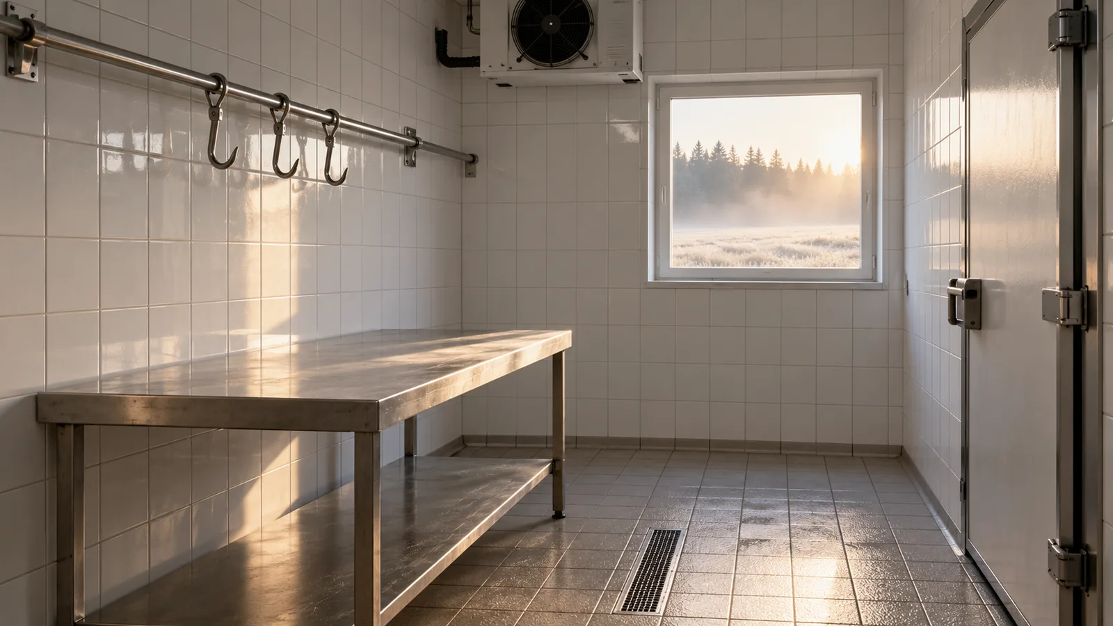 Sauberer Kühlraum mit gefliesten Wänden, Edelstahlhaken und Thermometer, menschenleer