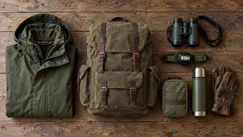 Draufsicht auf Jacke, Rucksack, Fernglas, Stirnlampe, Erste-Hilfe-Tasche, Thermoskanne und Handschuhe auf Holzdielen
