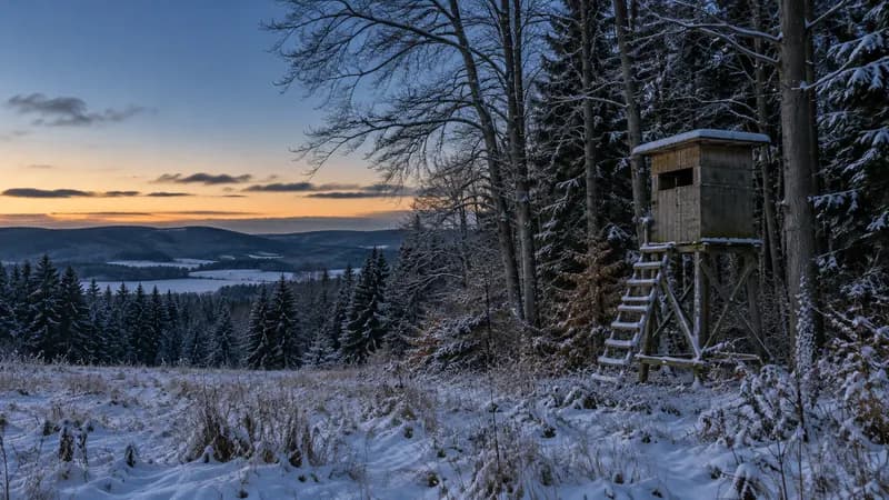 Leerer Hochsitz am verschneiten Waldrand zur blauen Stunde