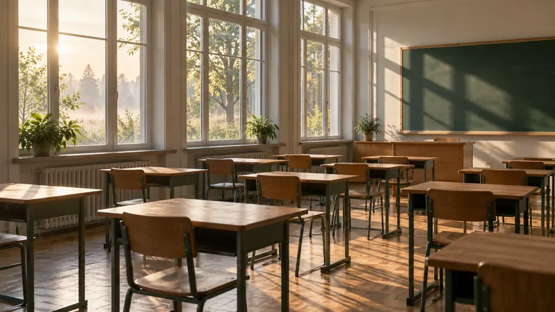 Leerer Prüfungsraum mit Einzeltischen und hohen Fenstern im Morgenlicht
