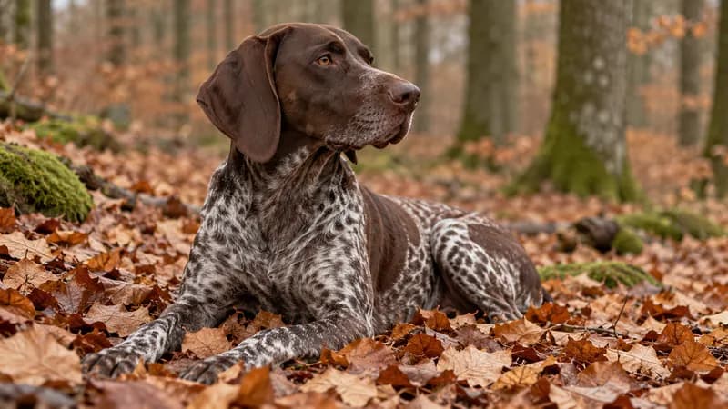 Deutsch Kurzhaar liegt ruhig im Herbstlaub eines Buchenwalds