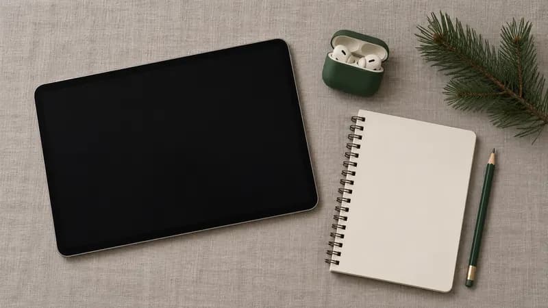 Draufsicht auf Tablet, Ohrhörer, Notizbuch und Kiefernzweig auf grauem Leinen