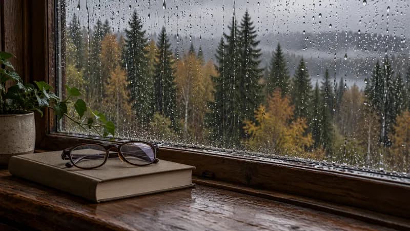 Blick durch ein regennasses Fenster auf einen Herbstwald, auf der Fensterbank ein Buch und eine Lesebrille