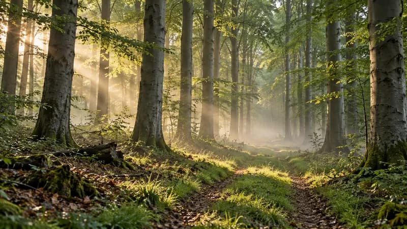 Waldweg am Morgen, der zwischen Buchen in ein Revier führt