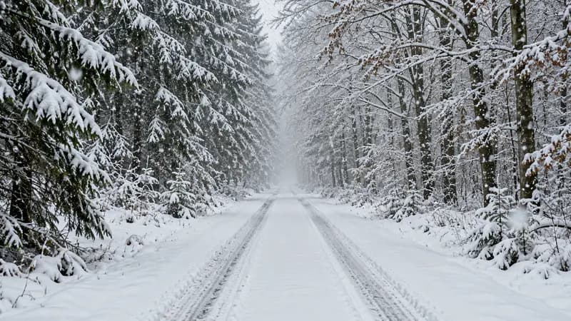 Verschneite, gerade Waldstraße mit einer Reifenspur im Winter