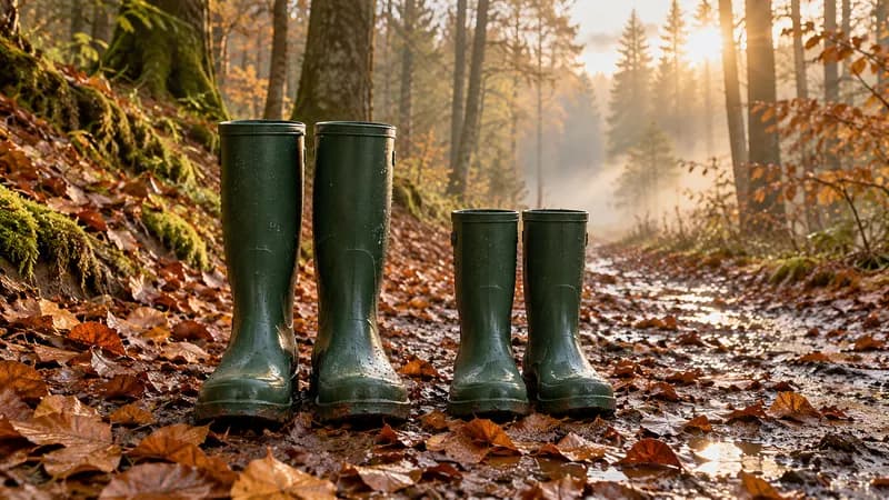 Zwei Paar Gummistiefel, ein großes und ein kleines, nebeneinander auf einem nassen Waldweg