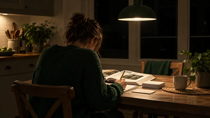 Person von hinten am Küchentisch, abends unter einer Lampe über Lehrbuch und Karteikarten gebeugt