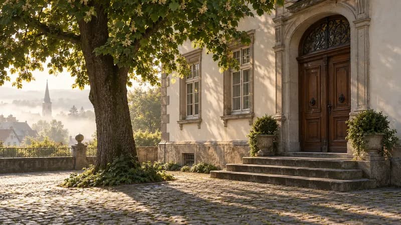 Amtsgebäude mit Holztür und Treppe im Morgenlicht, davor eine Linde